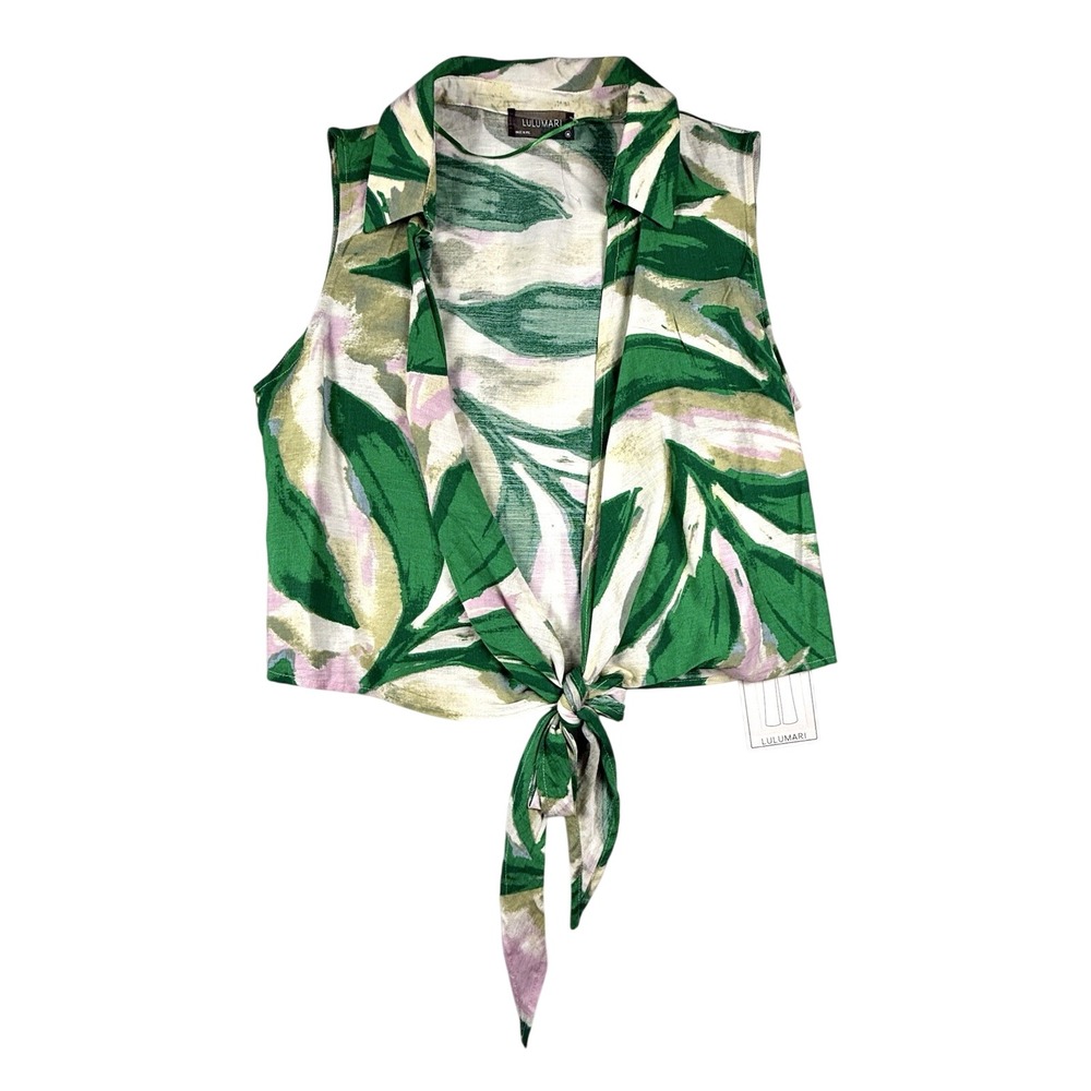 NWT Lulumari Floral Front Tie Blouse Cover Up M Green Sleeveless Boho Beach